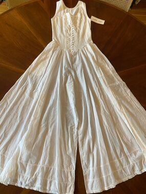 White Cotton Cottagecore Tradwife Sleeveless Maxi Jumpsuit with Lace Front S